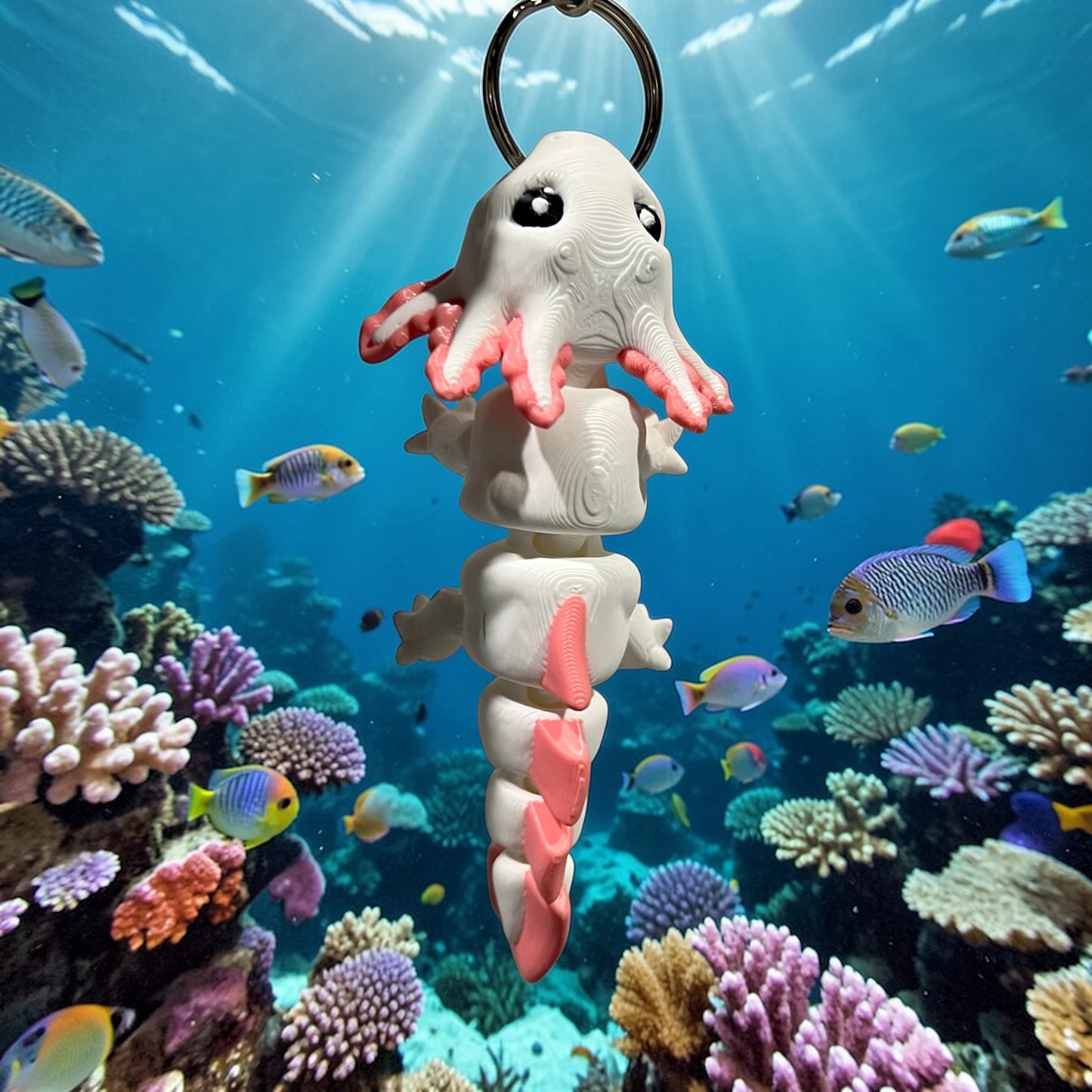 Axolotl 3D Printed Keychain - white / pink